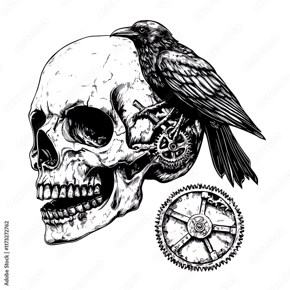 Fototapeta premium Skull with raven and gears illustration.