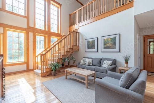 Bright  airy living room with hardwood floors  large windows  wooden staircase  and comfortable grey sofa.