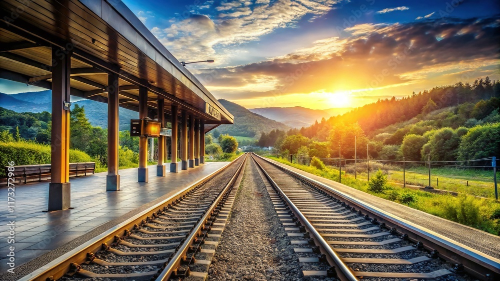 Fototapeta premium Stunning View from Train Station Platform: Railway Tracks & Scenic Landscape