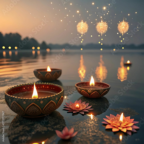 Magical Diwali night with floating diyas and glowing reflections photo