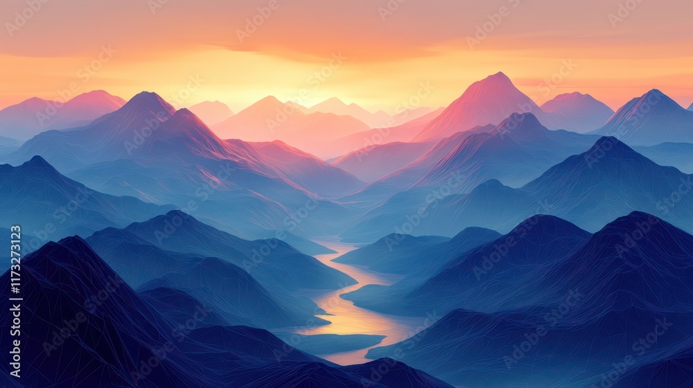 Fototapeta premium Explore a vibrant low-poly geometric landscape of mountains and valleys at sunset, featuring a calm river reflecting soft hues in a tranquil environment