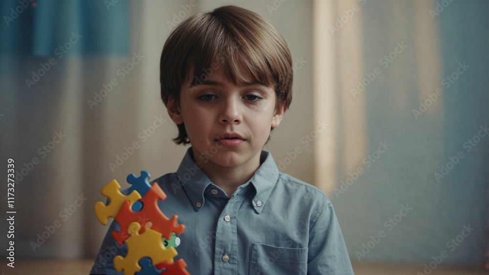 Young boy thoughtfully holding colorful puzzle pieces. A poignant image representing focus and potential. world autism awareness day theme Young boy thoughtfully holding colorful puzzle pieces. A poignant image representing focus and potential. world autism awareness day theme