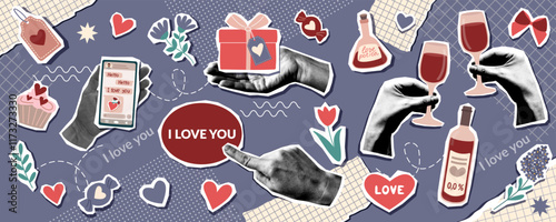 Valentines day collage banner with human hands photos and Valentine objects in pop art style. Valentines trendy background.