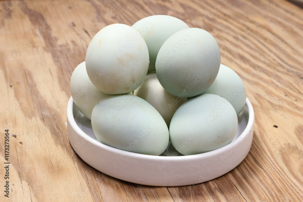 Pastel-Colored Eggs in a White Bowl on Wooden Surface Pastel-Colored Eggs in a White Bowl on Wooden Surface