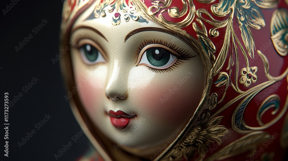 Close-up of a traditional Russian nesting doll with a painted face, green eyes, and red and gold headdress. Close-up of a traditional Russian nesting doll with a painted face, green eyes, and red and gold headdress.