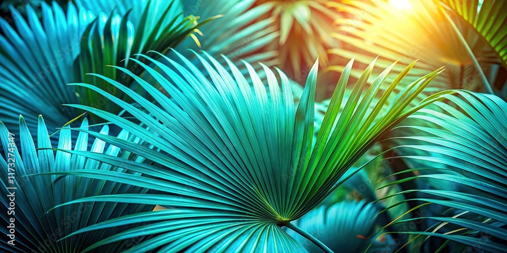 Obraz premium Tranquil Summer Background: Lush Teal Palm Leaves with Soft Light and Shadows