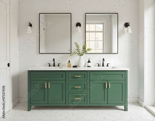 A modern bathroom vanity with two sinks , green cabinets , and white hexagonal tile walls.