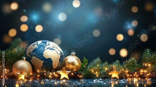 Gold Christmas ornaments, globe, lights, and pine branches on dark background.