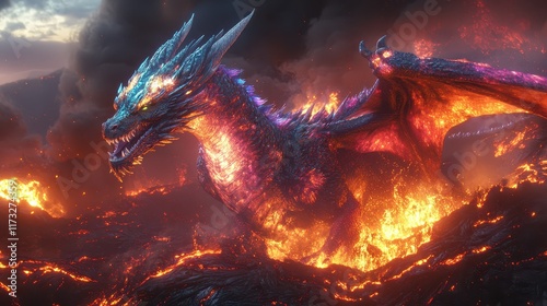 Majestic dragon emerges from the fiery depths of a volcanic eruption, showcasing its vibrant scales and powerful presence against a dramatic backdrop of molten lava