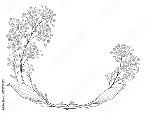 Oval frame with outline Gypsophila or Baby's breath flower in black isolated on white background. 