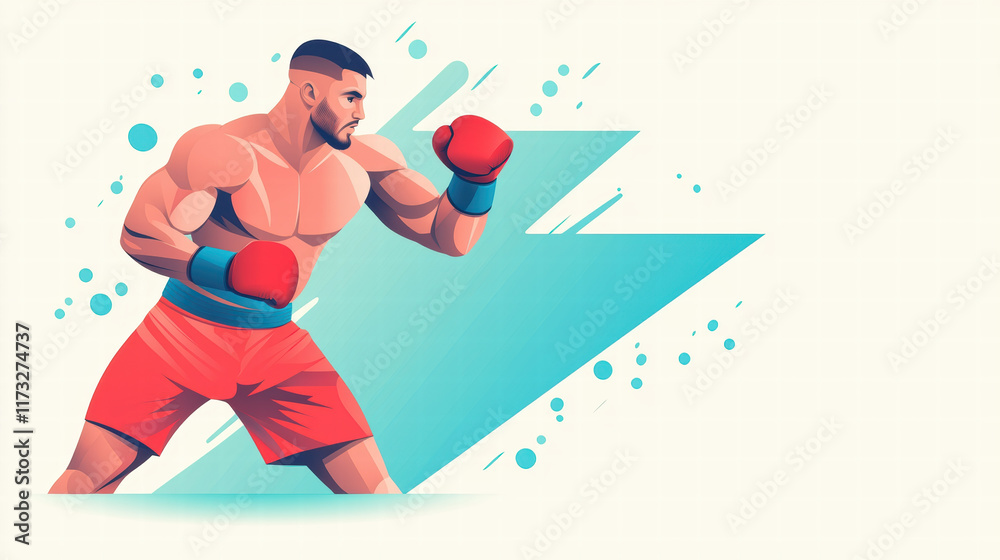 muscular fighter in red shorts and gloves prepares for match, showcasing strength and determination against vibrant background