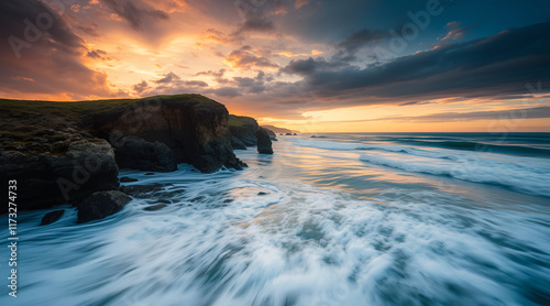 Sunset over a rocky coastline with waves crashing and vibrant clouds reflecting in the ocean at twilight