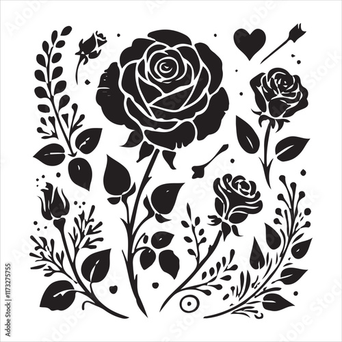 Rose silhouettes valentine day design black and white