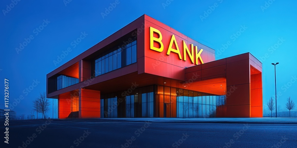 Modern bank building at dusk with illuminated signage highlighting architectural design and contemporary aesthetics in a urban setting Modern bank building at dusk with illuminated signage highlighting architectural design and contemporary aesthetics in a urban setting