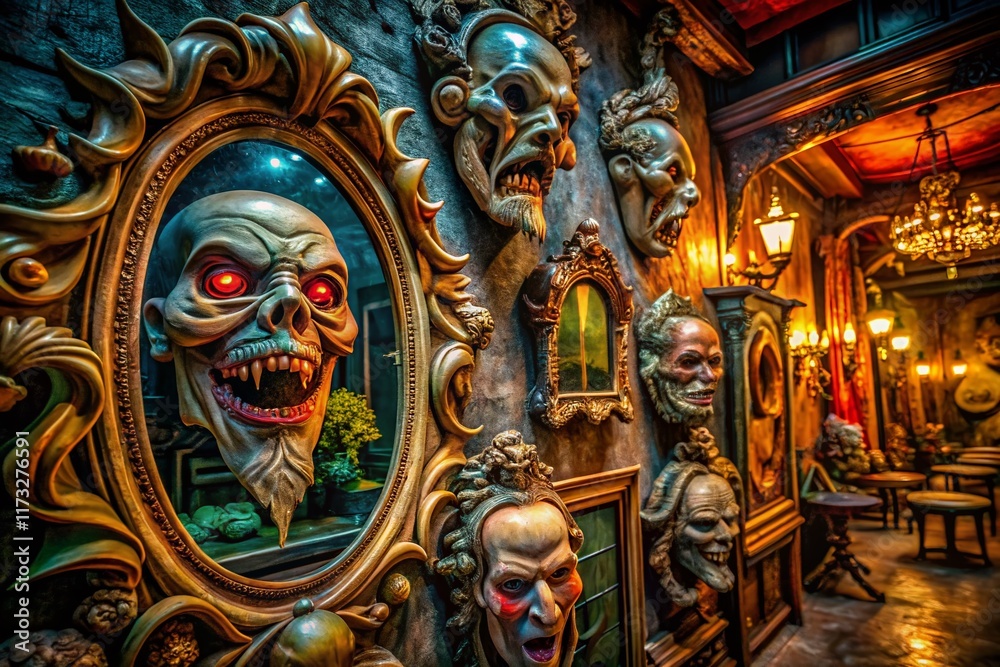Obraz premium Halloween Evil Masks & Ghostly Killers Reflecting in Antique Mirrors - Spooky Stock Photo