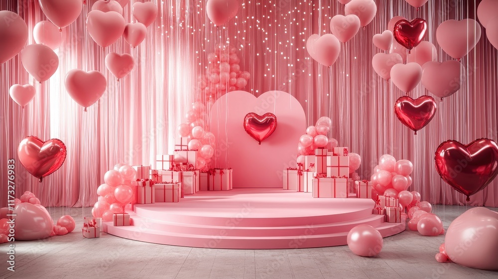Romantic 3D Valentines Day Setup with Heart Balloons and Gifts Romantic 3D Valentines Day Setup with Heart Balloons and Gifts