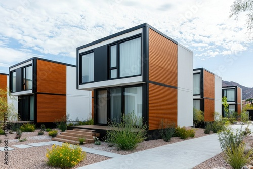 Structure form durability concept. Modern modular homes with sleek design and natural landscaping under a cloudy sky.