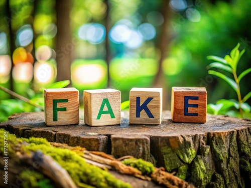 Wooden Cubes Spelling Fake on Rustic Tree Stump - Garden Background Stock Photo photo