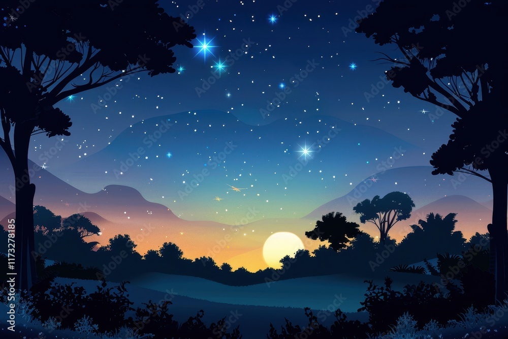 Naklejka premium Nighttime landscape with a silhouette of trees and mountains against a starry sky.