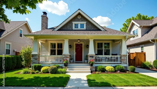 Classic Craftsman bungalow with contemporary accents in a suburban subdivision, lush greenery, contemporary style elements, outdoor lighting