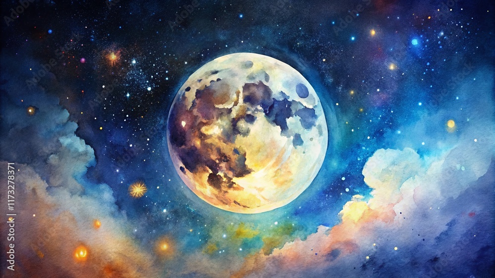 Obraz premium Hand-Drawn Watercolor Moon Night Sky Stock Photo - Celestial Art