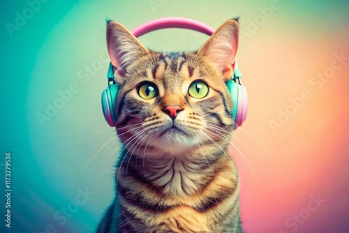 Happy Cat in Pastel Headphones: Adorable Pet Stock Photo
