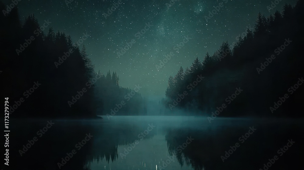 Misty lake at night, surrounded by dark forest, under a starry sky. Misty lake at night, surrounded by dark forest, under a starry sky.