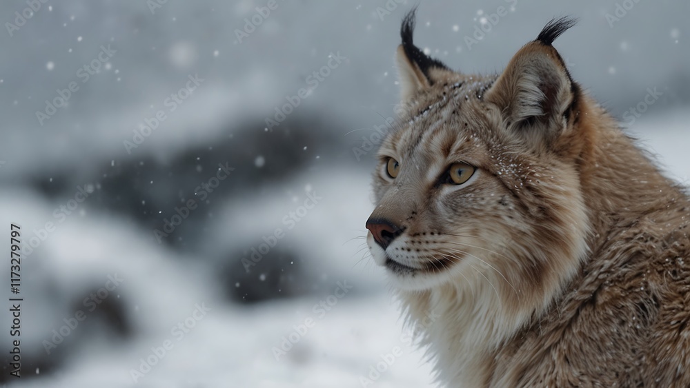 Obraz premium close up photo of a snow lynx with snow habitat background