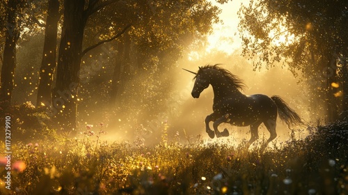 A majestic black unicorn with a long, flowing mane and tail strides gracefully through a sunlit forest photo