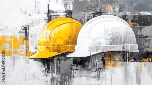 Two safety helmets, yellow and white, against a textured abstract background. photo