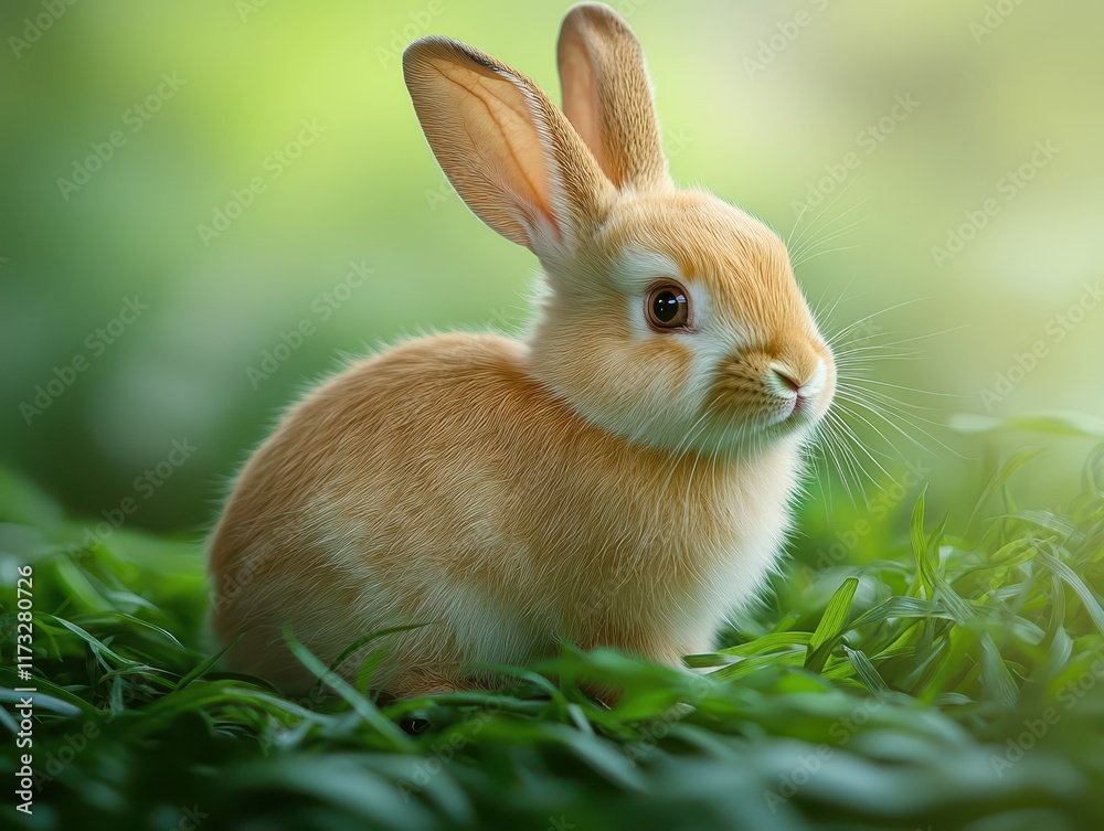 A tiny rabbit happily munches on the vibrant green grass, surrounded by a tranquil natural landscape bathed in warm daylight. It’s a perfect scene of serenity