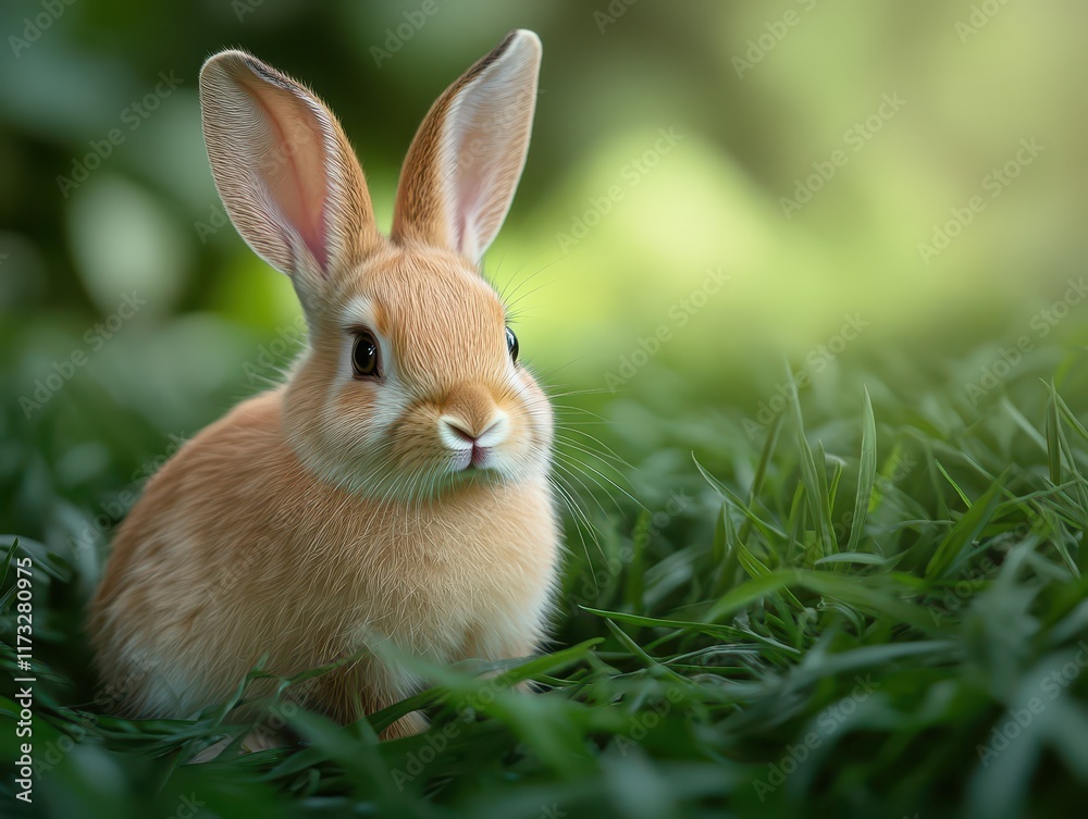 Small rabbit resting in vibrant green grass on a sunny day, enjoying the natural surroundings and serenity of its habitat in a peaceful garden setting Small rabbit resting in vibrant green grass on a sunny day, enjoying the natural surroundings and serenity of its habitat in a peaceful garden setting