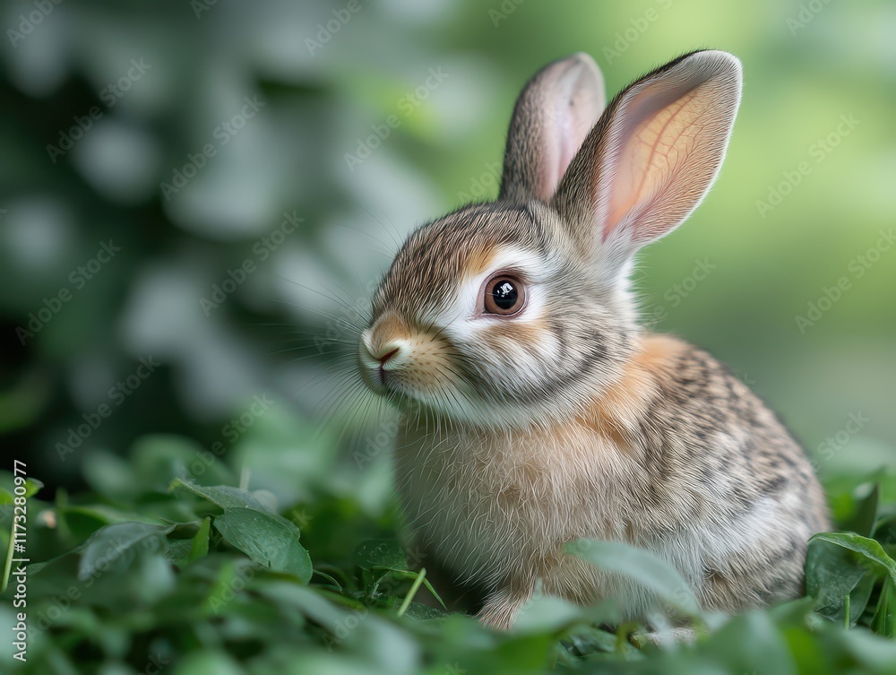 Fototapeta premium A small rabbit sits peacefully in the lush green grass, nestled among soft foliage that bathes in the gentle light of a warm and serene day in nature