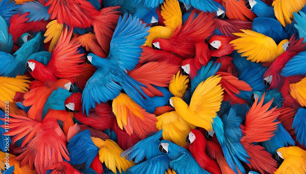 Fototapeta premium Vibrant flock of red, blue, and yellow macaws in flight. A colorful, abstract bird pattern.