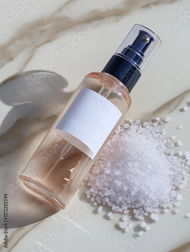 Elegant facial toner spray bottle with a rose-tinted liquid and a white label, surrounded by pink salt on a glossy marble surface, ideal for luxurious skincare branding