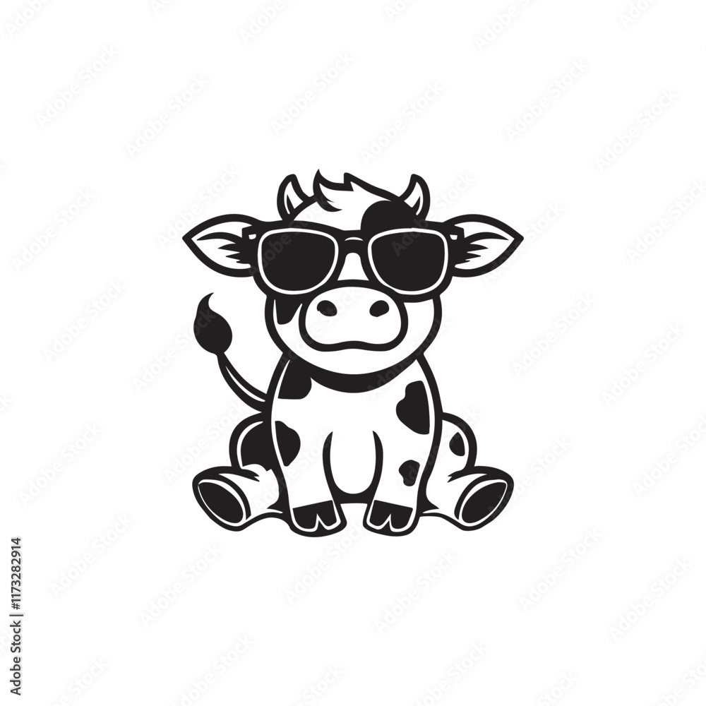 Fototapeta premium Joyful Cow sitting wearing sunglass illustration vector, Funny Cow Clipart Design 
