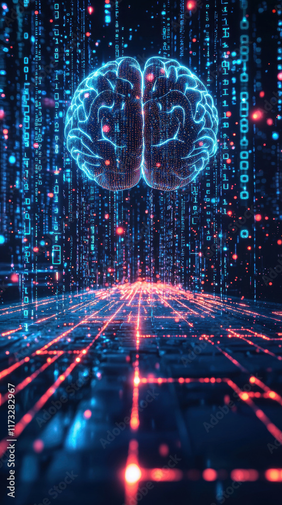 Obraz premium futuristic digital brain surrounded by glowing data streams and binary code