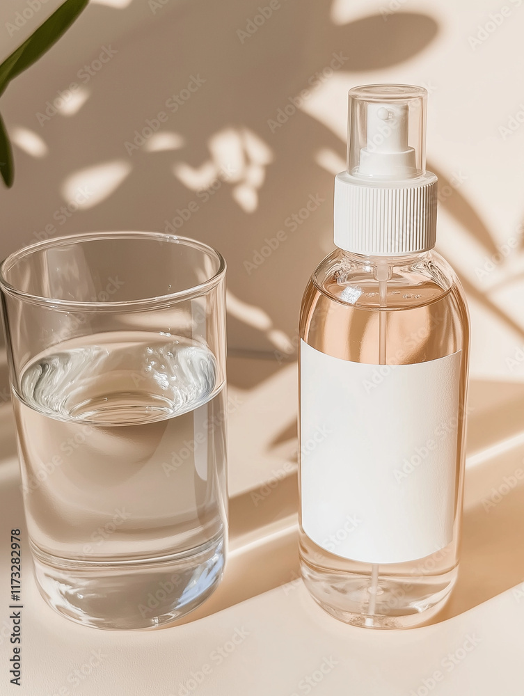 Transparent toner bottle with a white label and spray nozzle placed on a light background with a glass of water, perfect for hydrating and minimalist skincare branding Transparent toner bottle with a white label and spray nozzle placed on a light background with a glass of water, perfect for hydrating and minimalist skincare branding