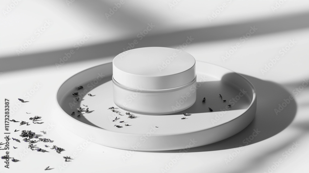 Minimalist white cream jar with a matte lid on a circular stone tray, accented by scattered lavender, perfect for elegant and eco-conscious skincare branding Minimalist white cream jar with a matte lid on a circular stone tray, accented by scattered lavender, perfect for elegant and eco-conscious skincare branding