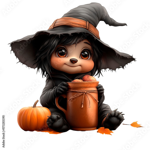 cute little witch for children's book, cartoon style, transparent background