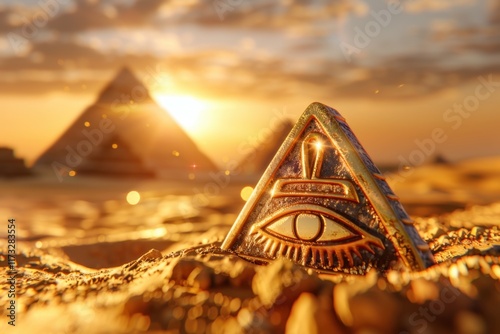 Eye of Ra symbol on golden amulet with pyramids photo