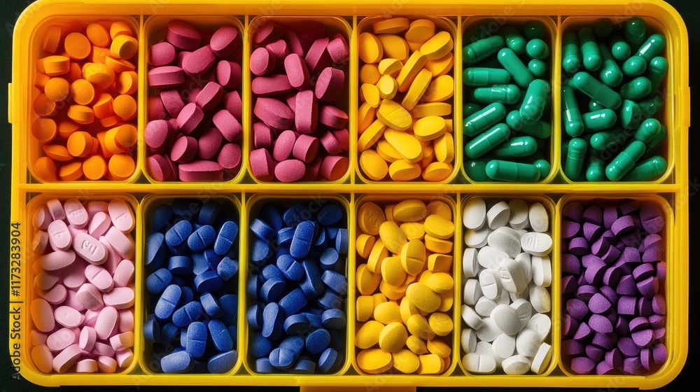 color pills in a yellow plastic pillbox color pills in a yellow plastic pillbox