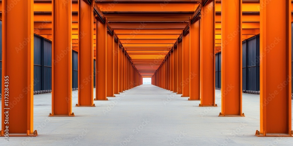 Structure form durability concept. Vibrant orange pillars create a striking architectural perspective in a spacious corridor. Structure form durability concept. Vibrant orange pillars create a striking architectural perspective in a spacious corridor.