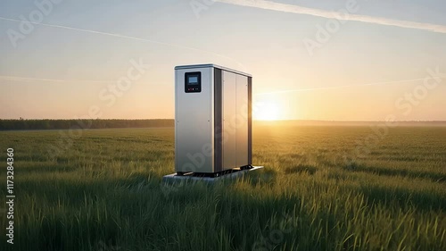 Modern Energy Storage Unit in a Green Field at Sunrise with Sustainable Technology for Renewable Power Solutions

 photo