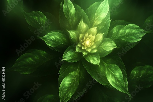 Glowing green fractal flower in dark background.