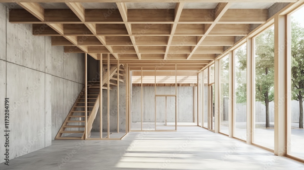 Modern open-plan home interior with exposed wood beams, concrete walls, and large windows overlooking a garden. Modern open-plan home interior with exposed wood beams, concrete walls, and large windows overlooking a garden.