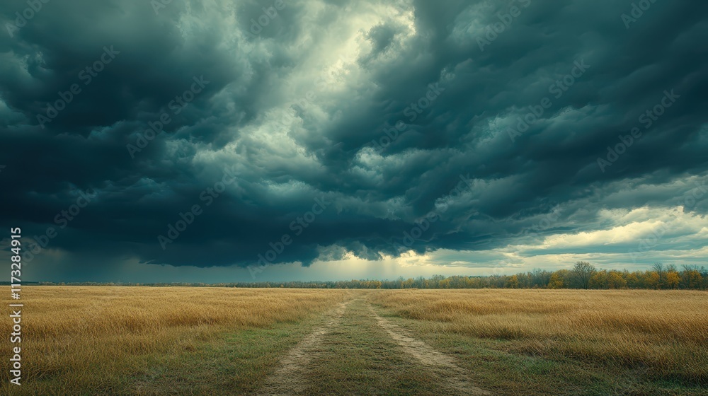 Brooding storm clouds gather ominously above a wide, open field, where a winding dirt path stretches out into the distance on this gloomy, atmospheric day Brooding storm clouds gather ominously above a wide, open field, where a winding dirt path stretches out into the distance on this gloomy, atmospheric day