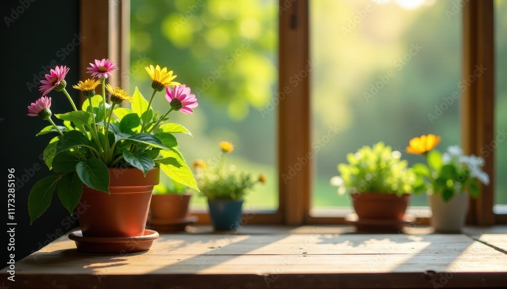 Dark wood table against soft focus summer window with vibrant flower pot on the left side, soft focus, flower pot, interior design Dark wood table against soft focus summer window with vibrant flower pot on the left side, soft focus, flower pot, interior design