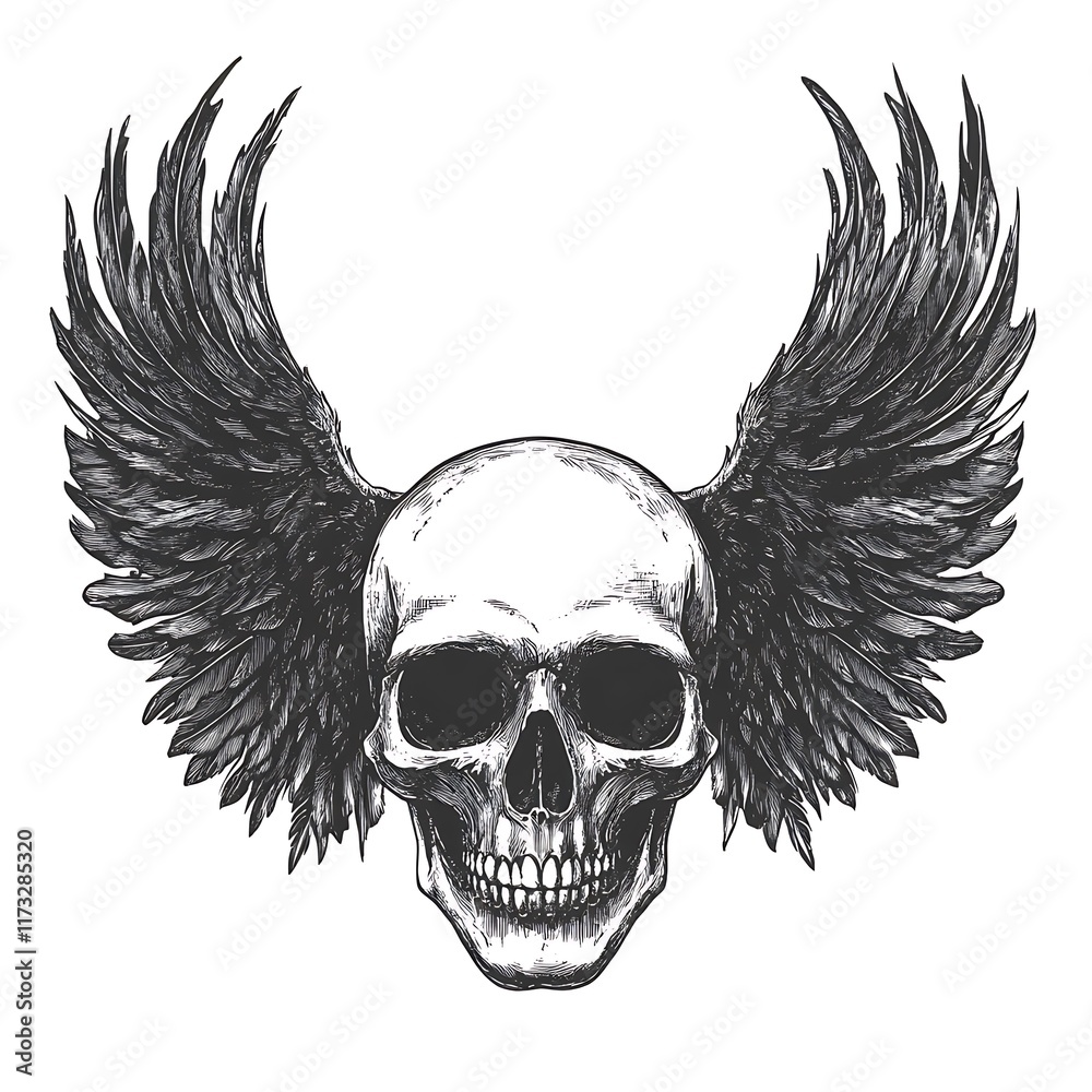 Fototapeta premium Skull with detailed wings illustration.