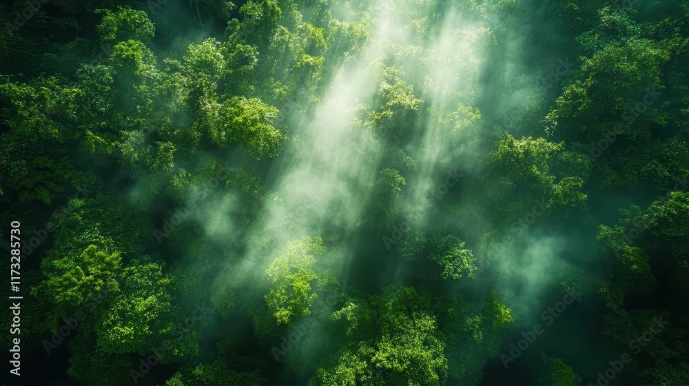 Fototapeta premium Lush rainforest canopy captured from above with sunlight filtering through dense foliage creating a serene and vibrant natural landscape